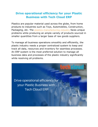 Drive operational efficiency for your Plastic Business with Tech Cloud ERP