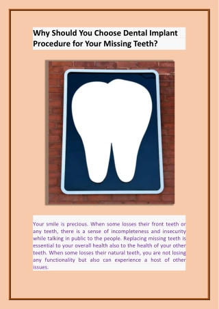 Why Should You Choose Dental Implant Procedure for Your Missing Teeth? 