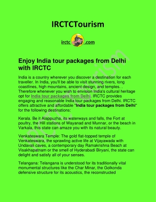 Enjoy India tour packages from Delhi with IRCTC