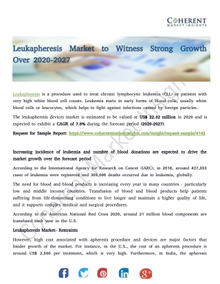 Leukapheresis Market to Witness Strong Growth Over 2020-2027