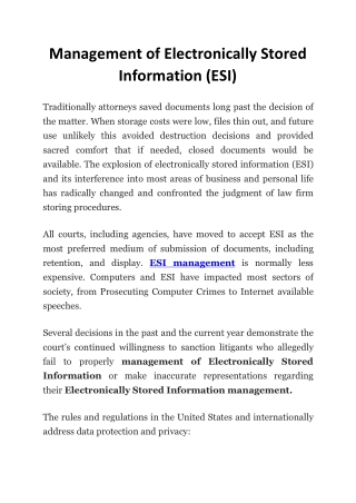 Management of Electronically Stored Information (ESI)