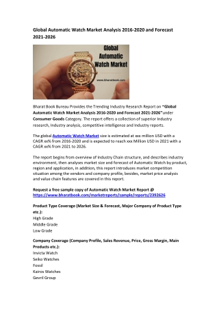 Global Automatic Watch Market Analysis 2016-2020 and Forecast 2021-2026