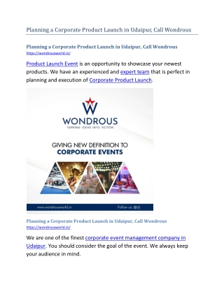 Planning a Corporate Product Launch in Udaipur, Call Wondrous