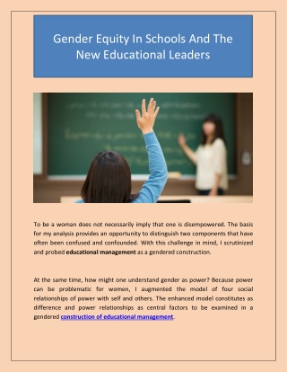 Gender Equity In Schools And The New Educational Leaders