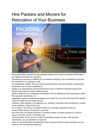 Hire Packers and Movers for Relocation of Your Business