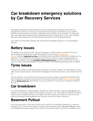 Car breakdown emergency solutions by Car Recovery Services