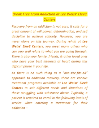 Break Free From Addiction at Lee Weiss’ Elev8 Centers