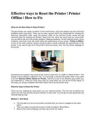 Effective ways to Reset the Printer | Printer is Offline | How to Fix