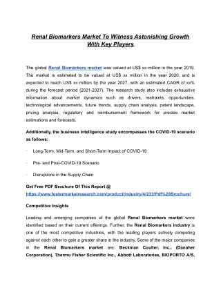 Renal Biomarkers Market 2021 Incredible Potential, Stagnant Progress 2021 - 2027