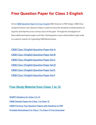 CBSE Question Papers Class 3 English PDF Solutions Download