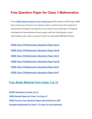 CBSE Question Papers Class 3 Mathematics PDF Solutions Download