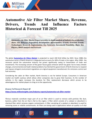 Automotive Air Filter Market 2025 Global Size, Key Companies, Trends, Growth And Regional Forecasts Research