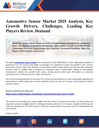 Automotive Sensor Market Share, Revenue, Drivers, Trends And Influence Factors Historical & Forecast Till 2025