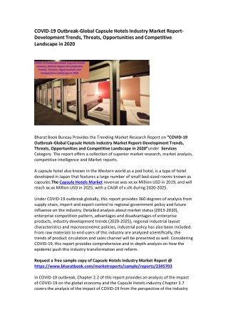 COVID-19 Outbreak-Global Capsule Hotels Industry Market Report-Development Trends, Threats, Opportunities and Competitiv