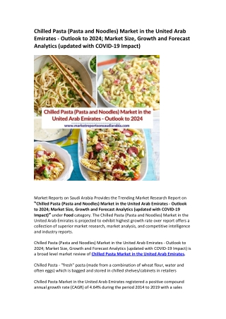 Chilled Pasta (Pasta and Noodles) Market in the United Arab Emirates - Outlook to 2024