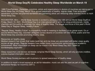 World Sleep Day(R) Celebrates Healthy Sleep Worldwide on March 19
