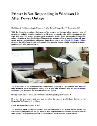 Printer is Not Responding in Windows 10 After Power Outage