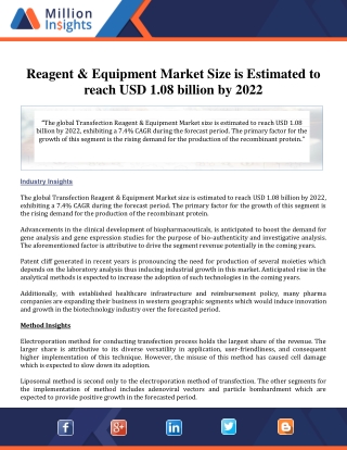 Transfection  Reagent & Equipment Market Size is Estimated to reach USD 1.08 billion by 2022