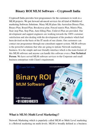 Binary ROI MLM Software – Cryptosoft India