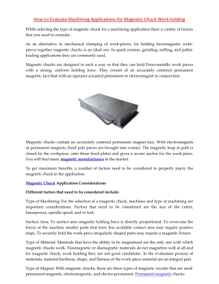 How to Evaluate Machining Applications for Magnetic Chuck Work holding