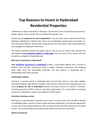 Top Reasons to Invest in Hyderabad Residential Properties