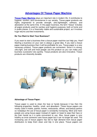 Advantages Of Tissue Paper Machine