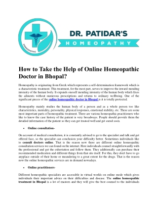 How to Take the Help of Online Homeopathic Doctor in Bhopal?