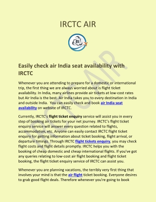 Easily check air India seat availability with IRCTC