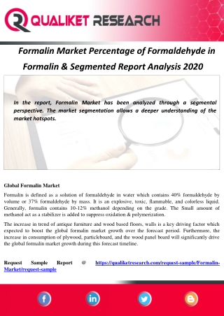 Formalin Market Percentage of Formaldehyde in  Formalin & Segmented Report Analysis 2020