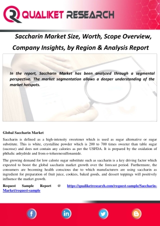 Saccharin Market Size, Worth, Scope Overview,  Company Insights, by Region & Analysis Report