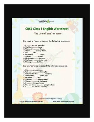 NCERT English Worksheet for Class 1 – The Use of ‘was’ or ‘were’