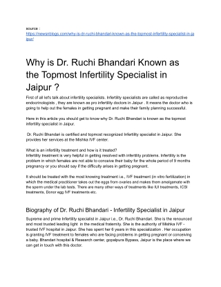 Why is Dr. Ruchi Bhandari Known as the Topmost  Infertility Specialist in Jaipur ?
