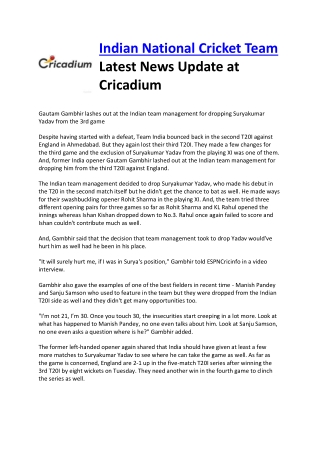 Indian National Cricket Team Latest News Update at Cricadium