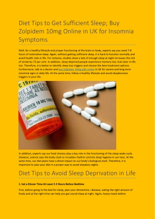 Diet Tips to Get Sufficient Sleep; Buy Zolpidem 10mg Online in UK for Insomnia Symptoms