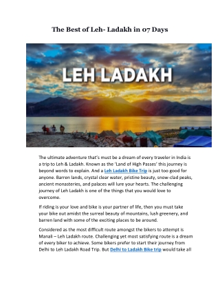 The Best of Leh- Ladakh in 07 Days