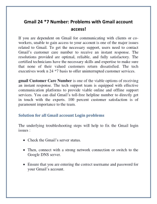 Gmail 24 *7 Number: Problems with Gmail account access!