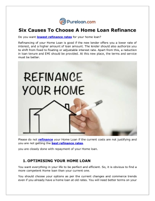 SIX CAUSES TO CHOOSE A HOME LOAN REFINANCE - Pureloan