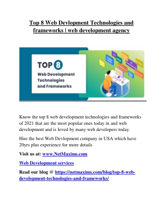 Top 8 Web Devlopment Technologies and frameworks | web development agency