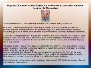 Popular Children's Author Karen Jonice Bricker Excites with Maddie’s Saturday to Remember