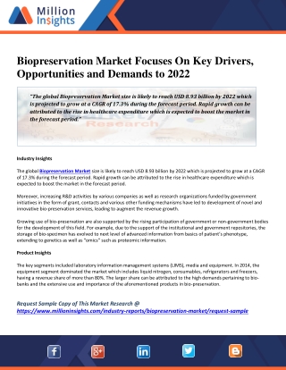 Biopreservation Market Focuses On Key Drivers, Opportunities and Demands to 2022