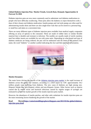 The Global Diabetes Injection Pens Market Continues To Grow Owing To the Increasing