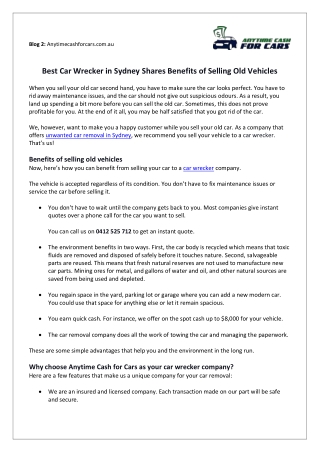 Best Car Wrecker in Sydney Shares Benefits of Selling Old Vehicles