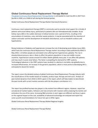The global Continuous Renal Replacement Therapy Market