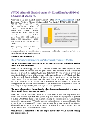 eVTOL Aircraft Market value $411 million by 2030 at a CAGR of 20.42 %