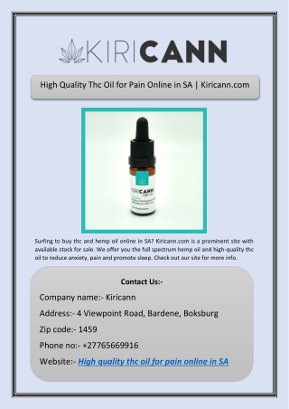 High Quality Thc Oil for Pain Online in SA | Kiricann.com