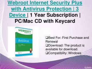 Webroot Internet Security Plus with Antivirus Protection | 3 Device | 1 Year Subscription | PC/Mac CD with Keycard