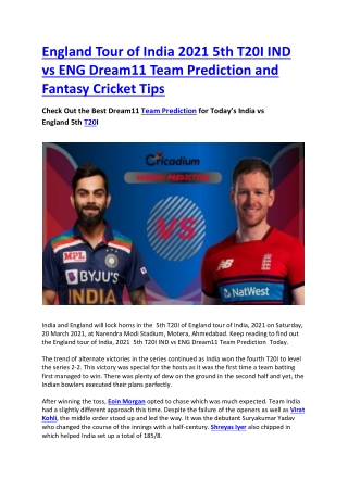 England Tour of India 2021 5th T20I IND vs ENG Dream11 Team Prediction and Fantasy Cricket Tips
