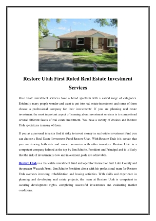 Restore Utah First Rated Real Estate Investment Services
