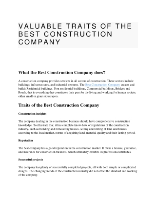 VALUABLE TRAITS OF THE BEST CONSTRUCTION COMPANY