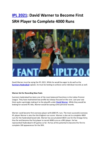 IPL 2021: David Warner to Become First SRH Player to Complete 4000 Runs